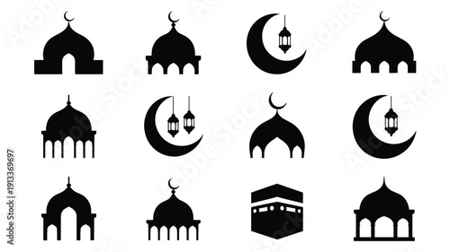 Ramadan logo silhouettes collection with mosque crescent moon and lantern icons on white background