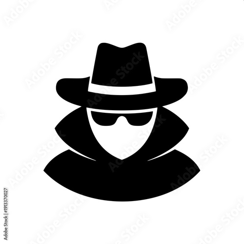 Secret agent silhouette logo, black solid shape, classic hat and suit, mystery character flat vector illustration, isolated on white background.