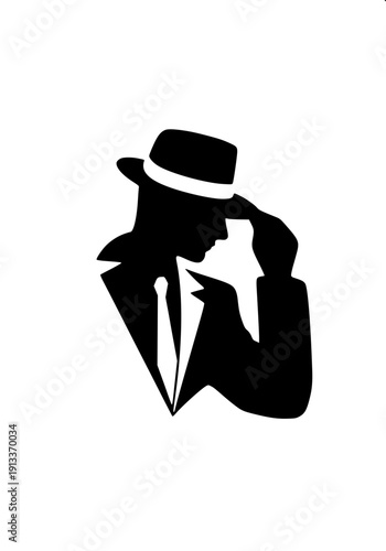 Secret agent silhouette logo, black solid shape, classic hat and suit, mystery character flat vector illustration, isolated on white background.