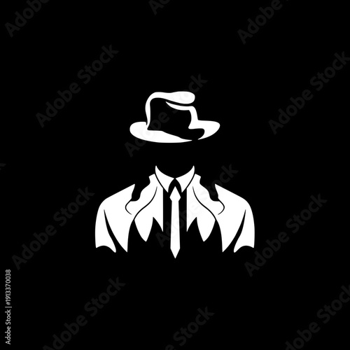 Secret agent silhouette logo, black solid shape, classic hat and suit, mystery character flat vector illustration, isolated on white background.