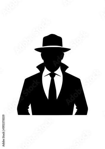 Secret agent silhouette logo, black solid shape, classic hat and suit, mystery character flat vector illustration, isolated on white background.