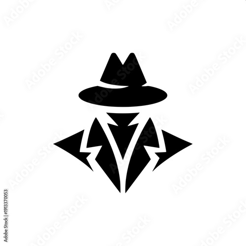 Secret agent silhouette logo, black solid shape, classic hat and suit, mystery character flat vector illustration, isolated on white background.
