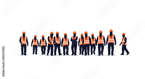 A group of construction workers in silhouette, wearing orange safety vests and hard hats, walking on a clean white background.