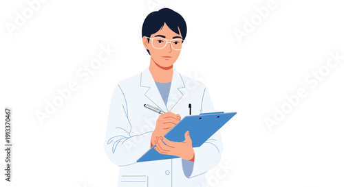 A young man wearing a white lab coat and glasses, writing on a blue clipboard with a pen, looking forward on white.