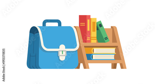 A blue school satchel stands beside a small wooden bookshelf holding several colorful books, isolated on a pristine white background.