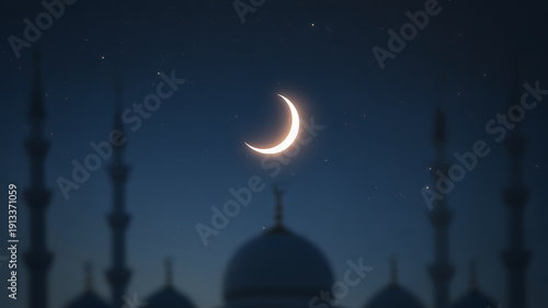 Crescent moon above mosque with minarets and dome under starry night sky starry sky
