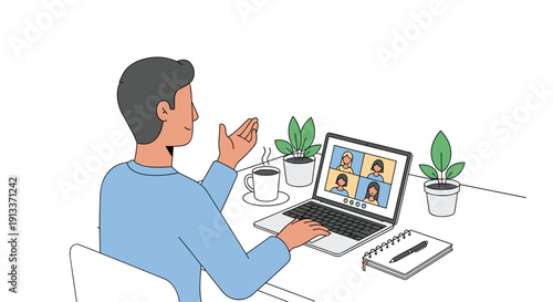 A man seen from behind actively participates in a virtual video conference call on his laptop, gesturing while seated at a desk.