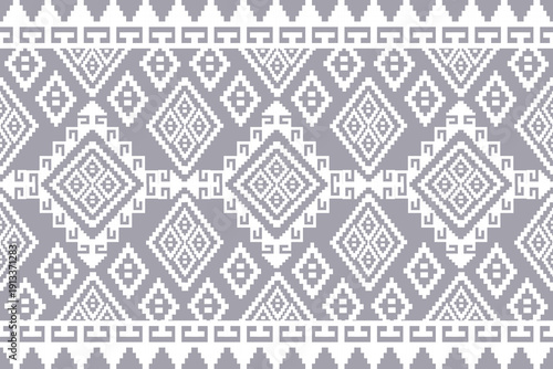 This image shows a digital design of a tessellated, symmetrical textile pattern in grayscale.