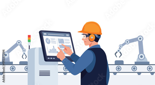A factory worker wearing a hard hat and safety gear operates a control panel with a touchscreen, overseeing robotic arms in a modern industrial setting.