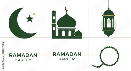 Green Islamic icons and Ramadan Kareem text on a white background with a grid pattern.