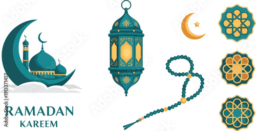 Flat design illustration of Ramadan Kareem greeting with mosque, lantern, rosary beads, and decorative patterns on a white background.