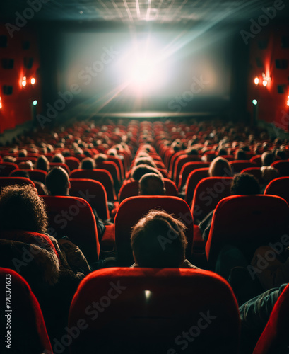 Audience watching a movie in a cinema with red plush seats and a bright screen illuminating the dark room, creating a cinematic atmosphere