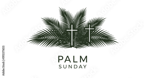 Palm Sunday illustration with crosses and palm leaves.