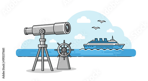 A large telescope on a tripod and a ship's steering wheel stand beside a cruise ship sailing on blue waters under a cloudy sky with seagulls.