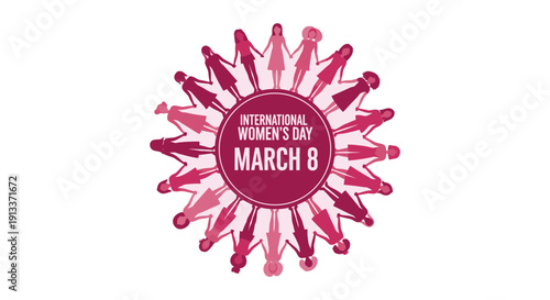 International Women's Day March 8 Illustration with Pink Silhouettes.