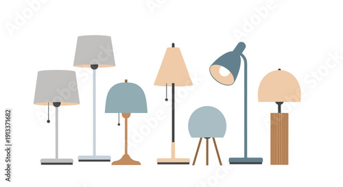 An assorted group of contemporary floor and table lamps in various colors and designs, providing soft light on a plain background.