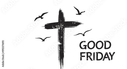 Good Friday symbol with cross and flying birds illustration.