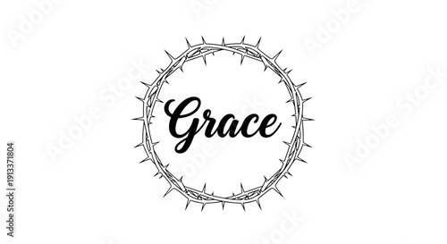 Black and white illustration of the word Grace surrounded by a wreath of thorns.