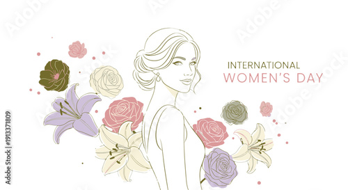 International Women's Day celebration with flowers and female silhouette.