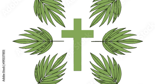 Green cross surrounded by palm leaves on white background symbolizing faith and spirituality.