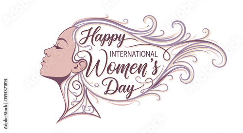 International Women's Day illustration with elegant female profile and flowing hair.