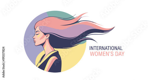 International Women's Day illustration of a confident woman with flowing hair.