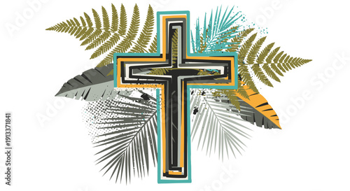 Christian cross with tropical leaves and palm fronds illustration.