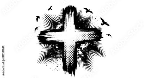 Black and white cross illustration with birds flying around.