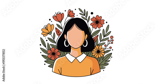 Illustration of a woman surrounded by flowers and leaves.