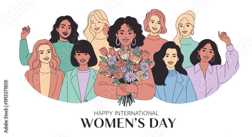 Diverse group of women celebrating International Women's Day together.