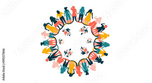 Diverse group of people forming a circle together.