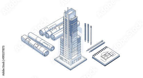 Rolled architectural blueprints, a tall skyscraper model, drawing pencils, and a notebook with a floor plan sketch are arranged on a white surface.