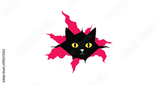 A stylized black cat with glowing yellow eyes and a white snout peeks from a jagged star-shaped hole ripped through a vibrant pink background.
