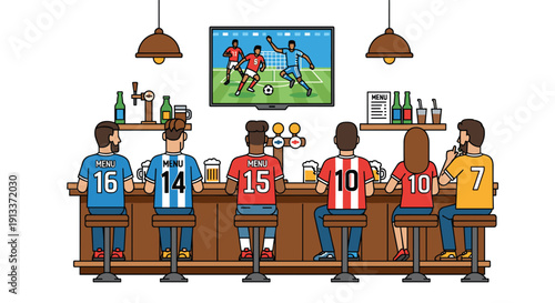 Six diverse people in various team jerseys sit on bar stools watching a live soccer match on a large television above a wooden bar.