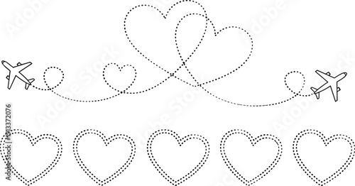 Black line of airplanes flying in opposite directions leaving dotted heart shaped trails dotted line