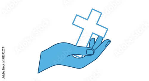 A stylized, pale blue human hand is gently holding a white outline of a Christian cross, isolated on a simple white background.