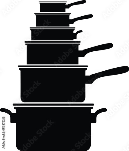 Black silhouette of stacked pots and pans with handles