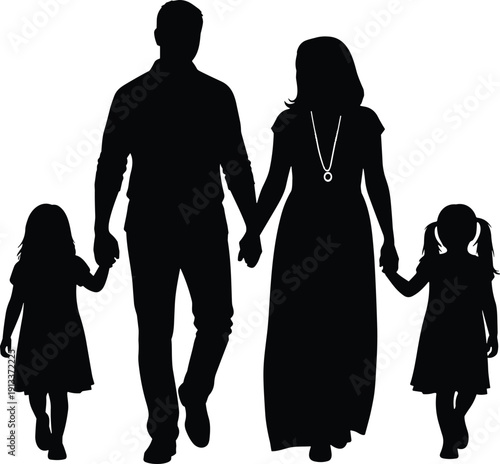 Black silhouette of family with two young girls and parents holding hands white background