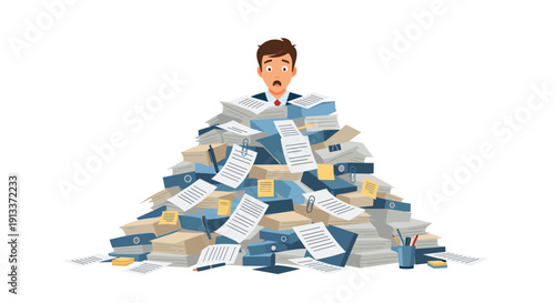 A distressed businessman with wide eyes is completely buried under an enormous and overwhelming pile of office documents and folders.