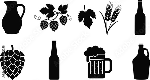 Black silhouettes of beer brewing ingredients and drinkware hops wheat