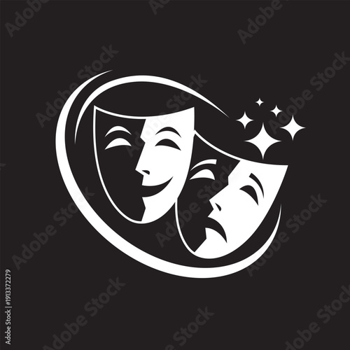 icon of comedy and tragedy theatrical masks isolated on black background