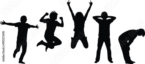 Black silhouettes of five people jumping and posing on white background