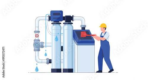 A male technician in a blue uniform and yellow hard hat is actively operating a large industrial water filtration system.