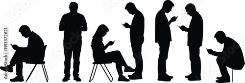 Black silhouettes of people using smartphones while standing or sitting mobile phones