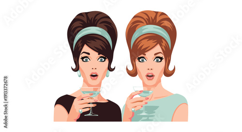 Two stylish women with bouffant hairstyles are holding cocktail glasses and looking surprised with wide eyes and open mouths.