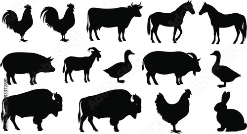 Black silhouettes of various farm and domestic animals on white background animal silhouettes farm animals