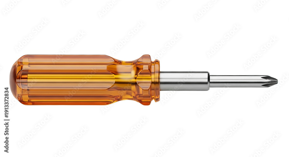 Fototapeta premium Side View of Head Screwdriver with Transparent Amber Plastic Handle Isolated on White Background