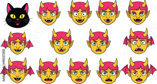 Cartoon devil and cat faces with various expressions
