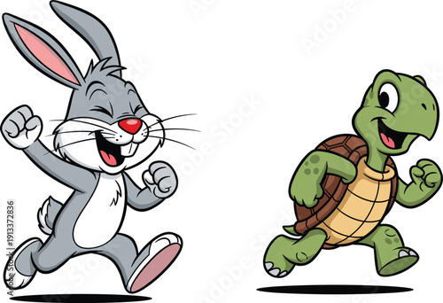 Cartoon rabbit and turtle running side by side smiling