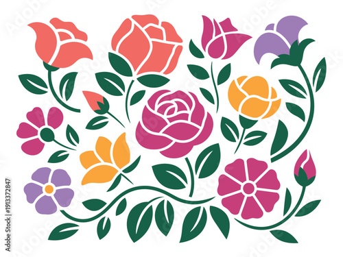Colorful Floral Pattern with Roses and Leaves